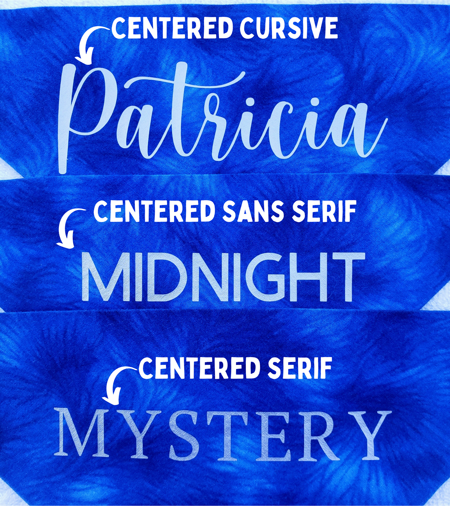 a collage of three different font styles, each with a unique design and color scheme. The first font style is "Patricia", the second is "Centered Sans Serif", and the third is "Midnight". The image is a visual representation of these font styles, showcasing their distinct characteristics.