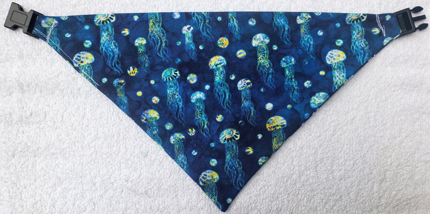 Clip on Dog Bandana With Buckle Pet Cat Bandanna Scarf Sea Sailing Jellyfish Ocean Beach Handmade to Order