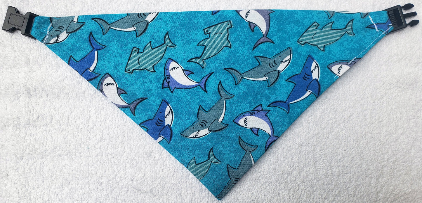 Clip on Dog Bandana With Buckle Pet Cat Bandanna Scarf Sea Sailing Sharks Ocean Beach Handmade to Order
