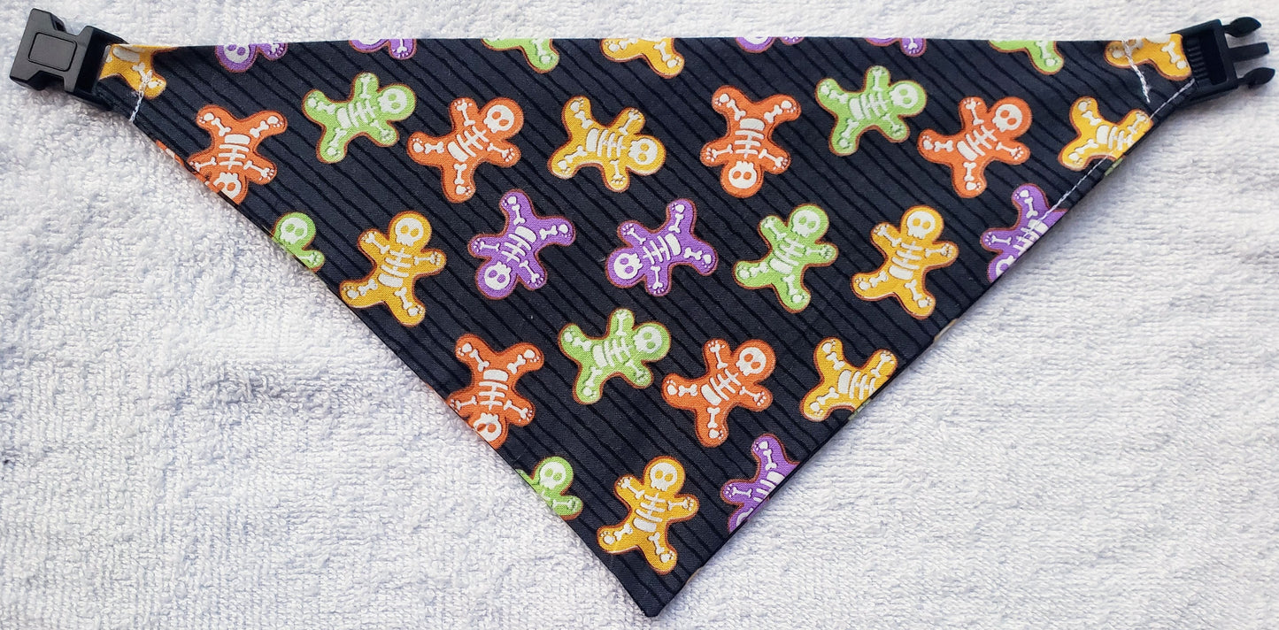 Skeleton Cookies Colorful Halloween Fall Autumn Harvest Clip on Dog Bandana With Buckle Pet Cat Bandanna Handmade to Order