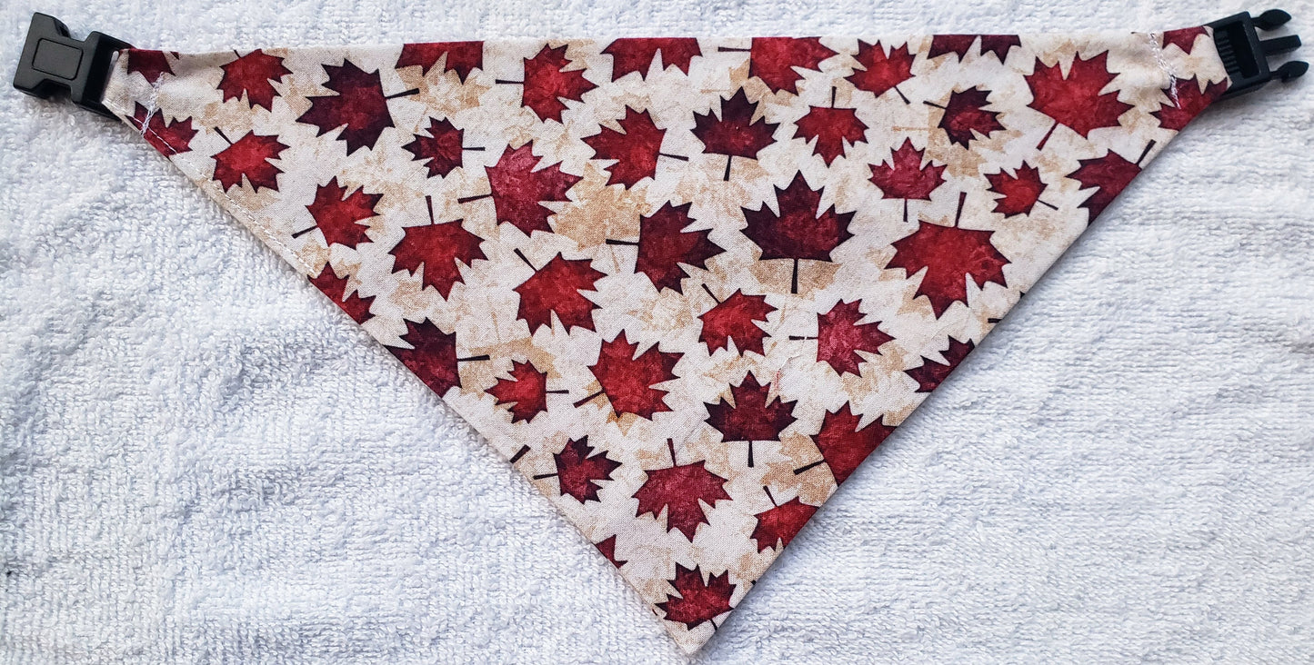 Red Maple Leaves Canadian Canadien Fall Autumn Harvest Clip on Dog Bandana With Buckle Pet Cat Bandanna Handmade to O