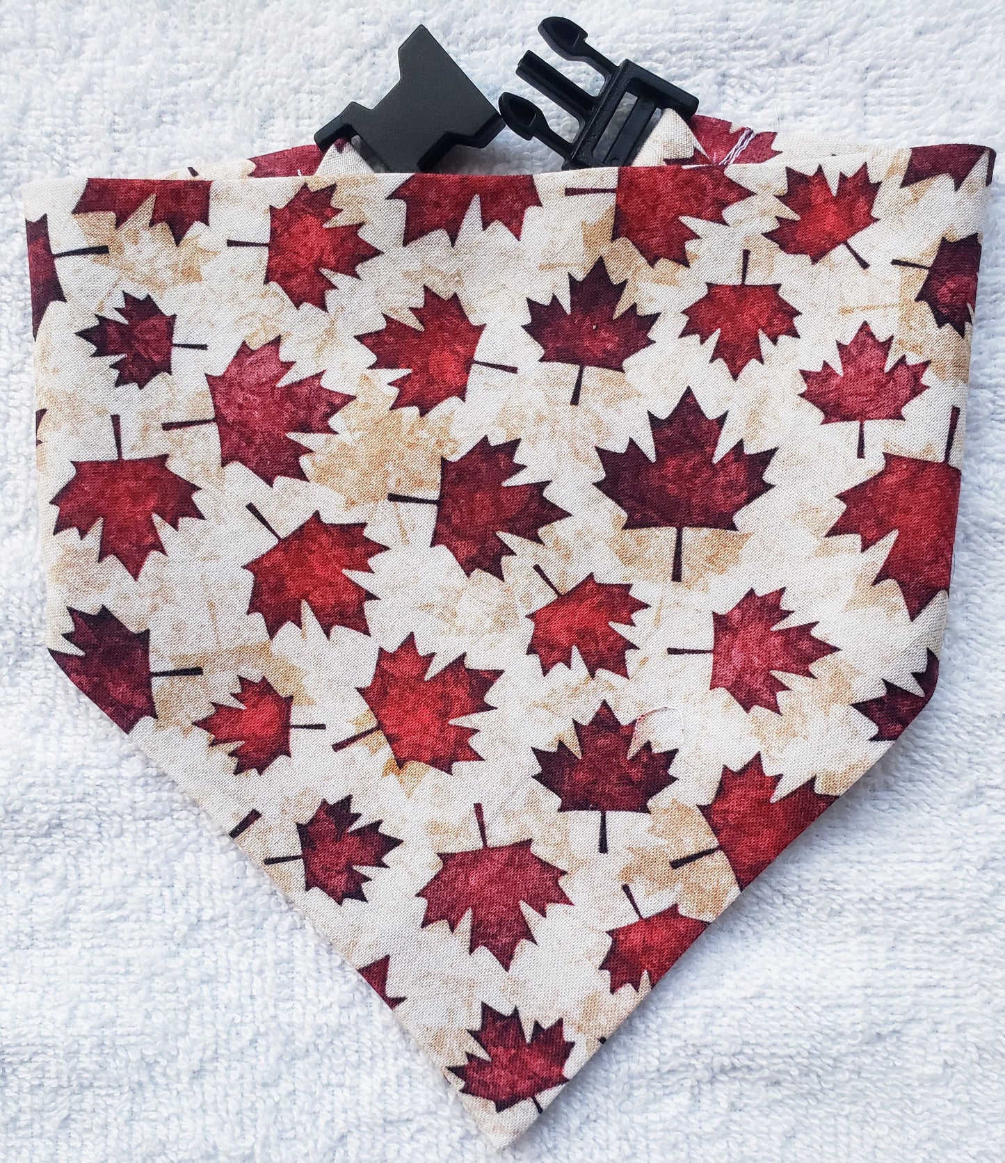 Red Maple Leaves Canadian Canadien Fall Autumn Harvest Clip on Dog Bandana With Buckle Pet Cat Bandanna Handmade to O