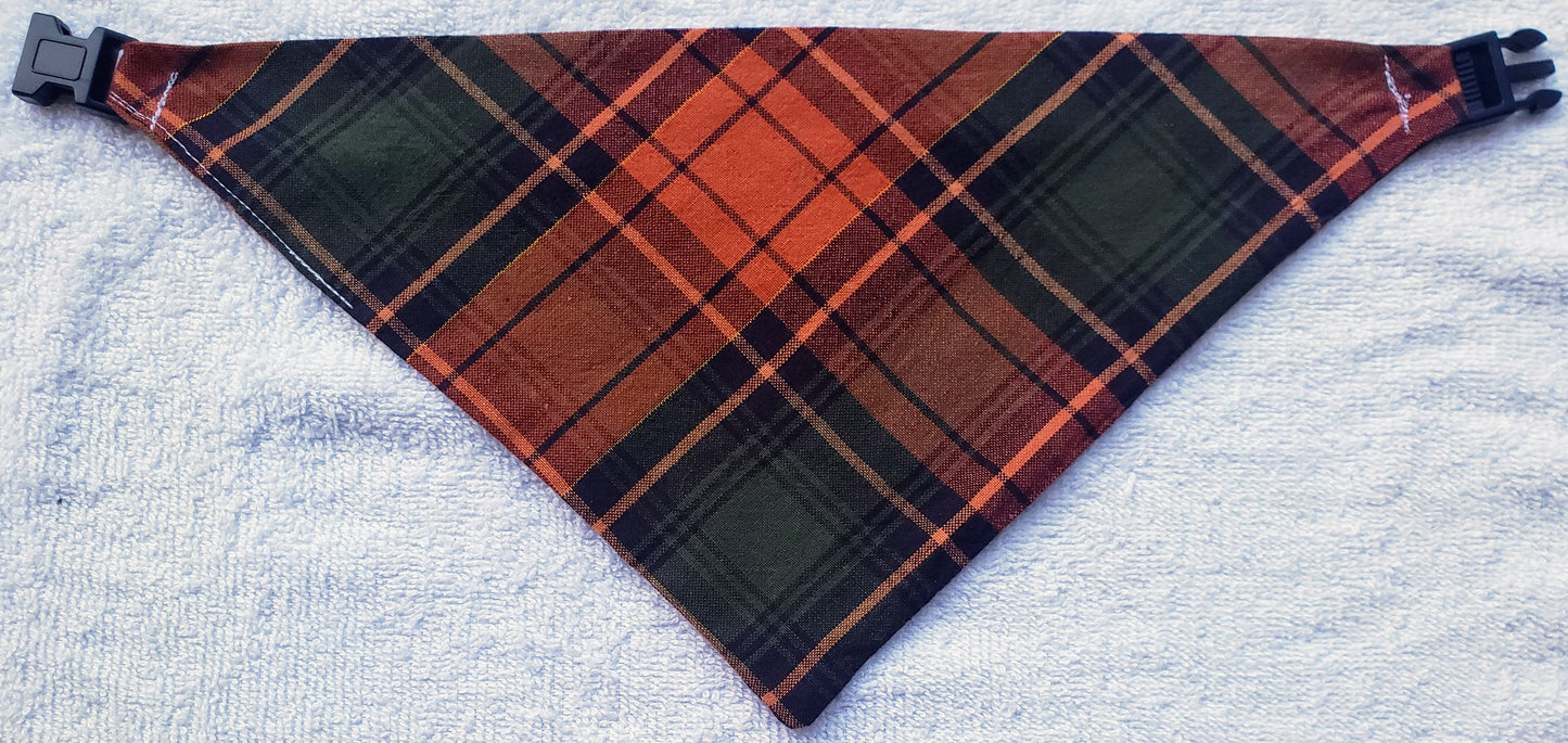 Fall Plaid Orange Green Gold Autumn Harvest Clip on Dog Bandana With Buckle Pet Cat Bandanna Handmade to Order