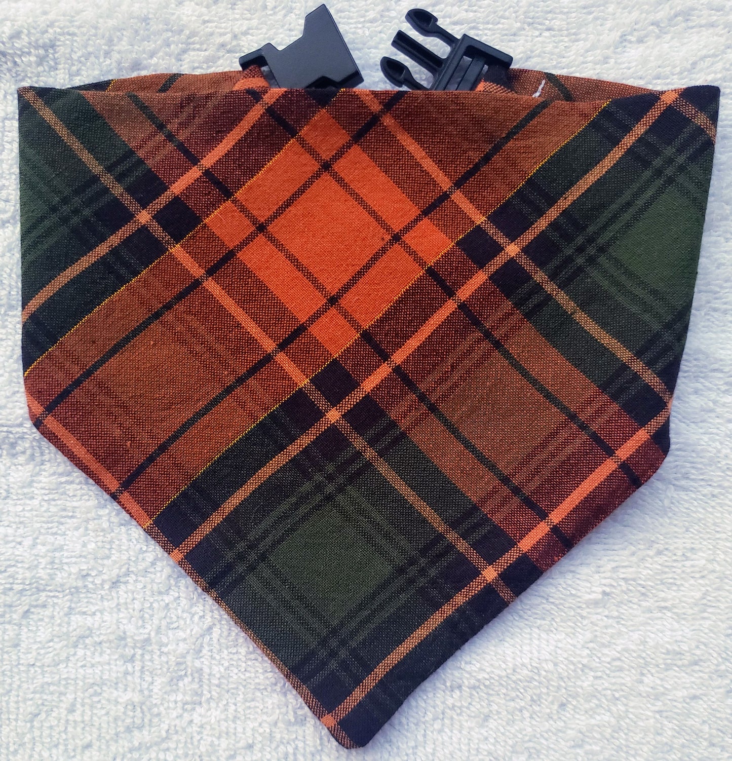 Fall Plaid Orange Green Gold Autumn Harvest Clip on Dog Bandana With Buckle Pet Cat Bandanna Handmade to Order