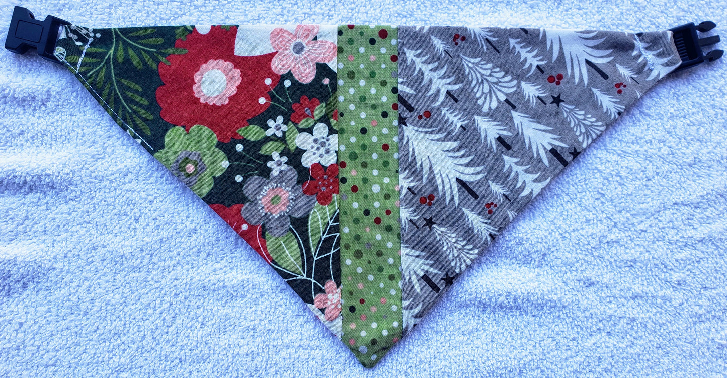 Clip on Dog Bandana With Buckle Pet Cat Bandanna Scarf Pieced Christmas Floral, Trees, Dots, Exclusive Specialty Holiday Winter Handmade to Order