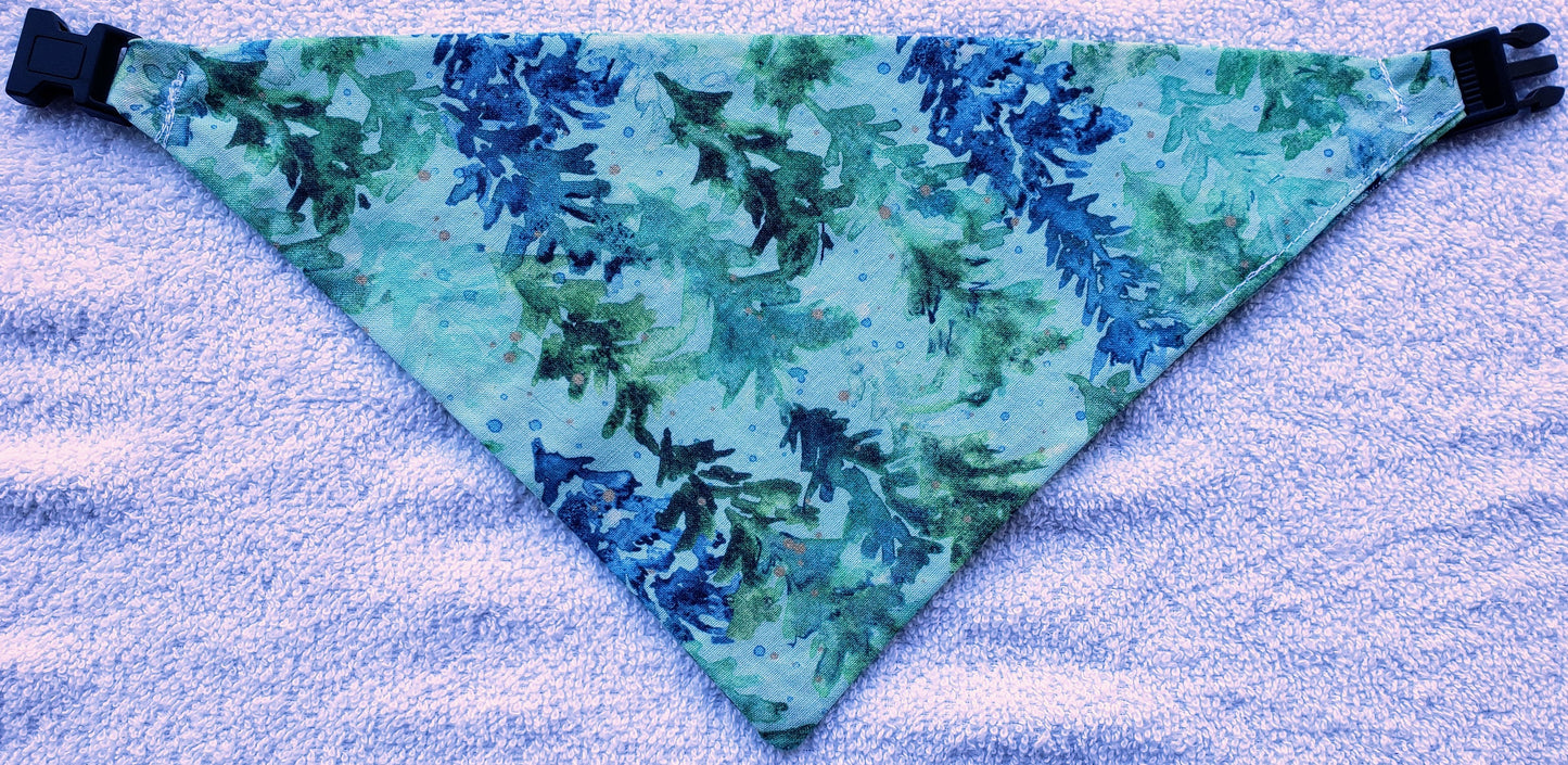 Clip on Dog Bandana With Buckle Pet Cat Bandanna Scarf Green Blue Winter Christmas Trees Forest Holiday Snowfall Handmade to Order