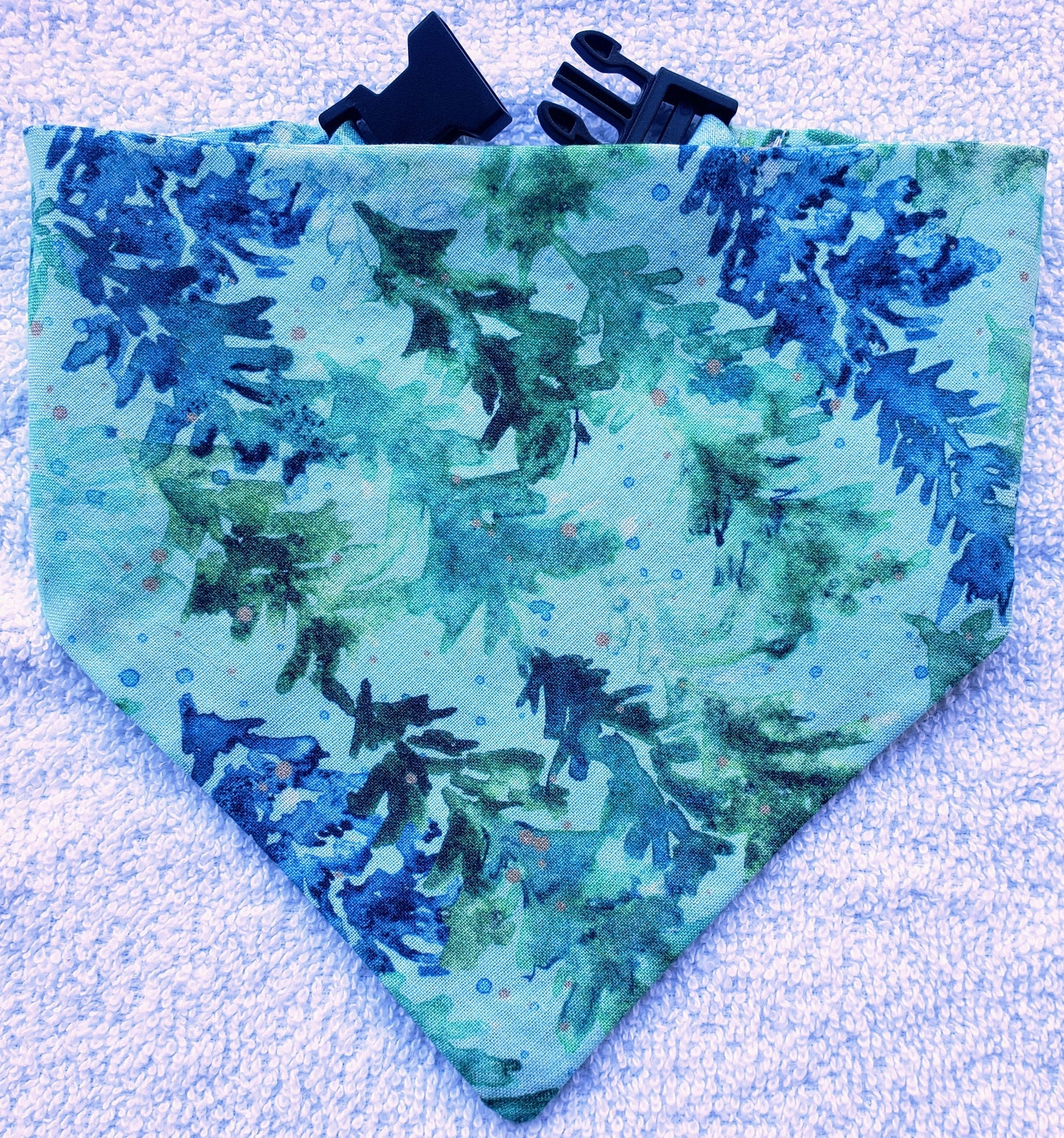 Clip on Dog Bandana With Buckle Pet Cat Bandanna Scarf Green Blue Winter Christmas Trees Forest Holiday Snowfall Handmade to Order