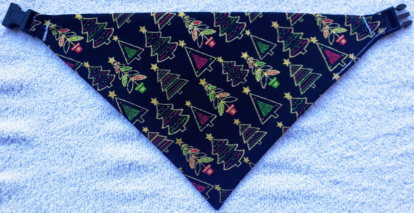 Clip on Dog Bandana With Buckle Pet Cat Bandanna Scarf Christmas Trees on Black Gold Glitter Bling Green Red Holiday Winter Handmade to Order