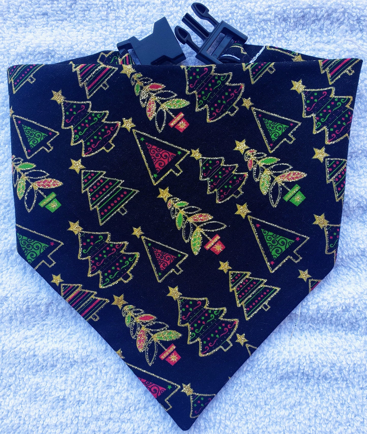 Clip on Dog Bandana With Buckle Pet Cat Bandanna Scarf Christmas Trees on Black Gold Glitter Bling Green Red Holiday Winter Handmade to Order