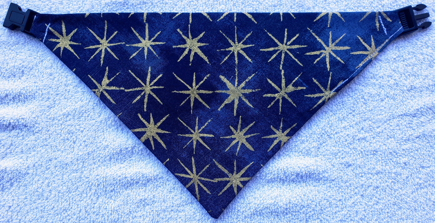 Clip on Dog Bandana With Buckle Pet Cat Bandanna Scarf Blue Christmas North Star Gold Twinkle Holiday Winter Handmade to Order