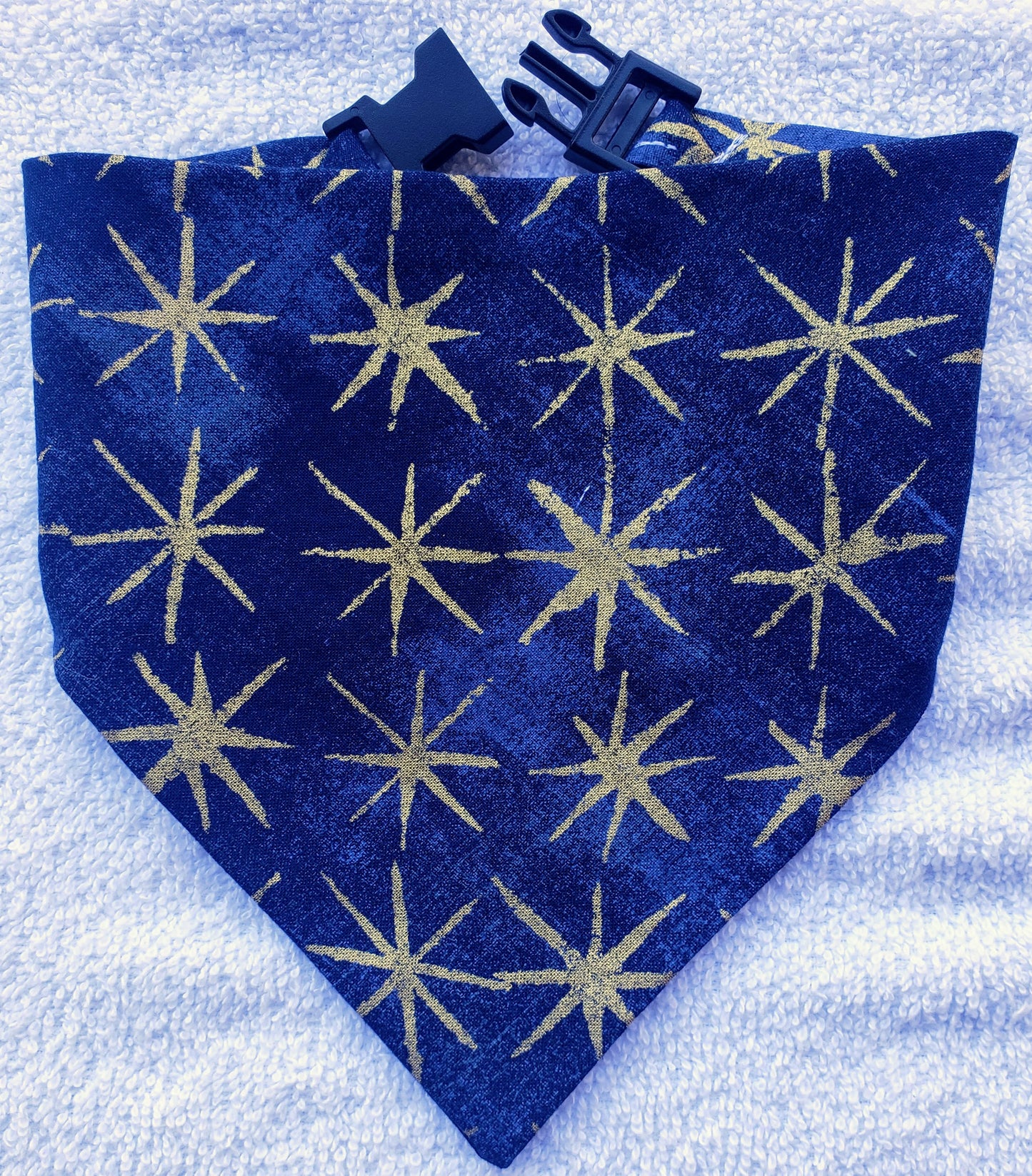 Clip on Dog Bandana With Buckle Pet Cat Bandanna Scarf Blue Christmas North Star Gold Twinkle Holiday Winter Handmade to Order
