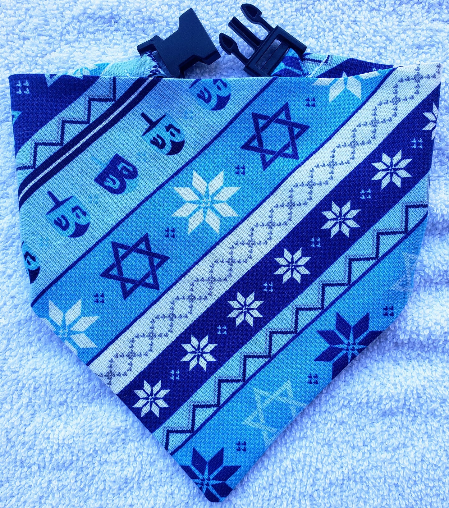 Clip on Dog Bandana With Buckle Pet Cat Bandanna Scarf Hanukkah Chanukkah Blue Star of David Dreidil Snowflake Sweater Print Winter Holiday Handmade to Order