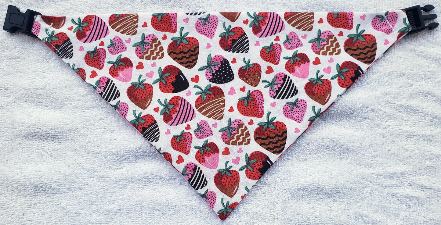 Clip on Dog Bandana With Buckle Pet Cat Bandanna Scarf Red Pink Chocolate Covered Strawberries Hearts Valentine's Day Love Handmade to Order