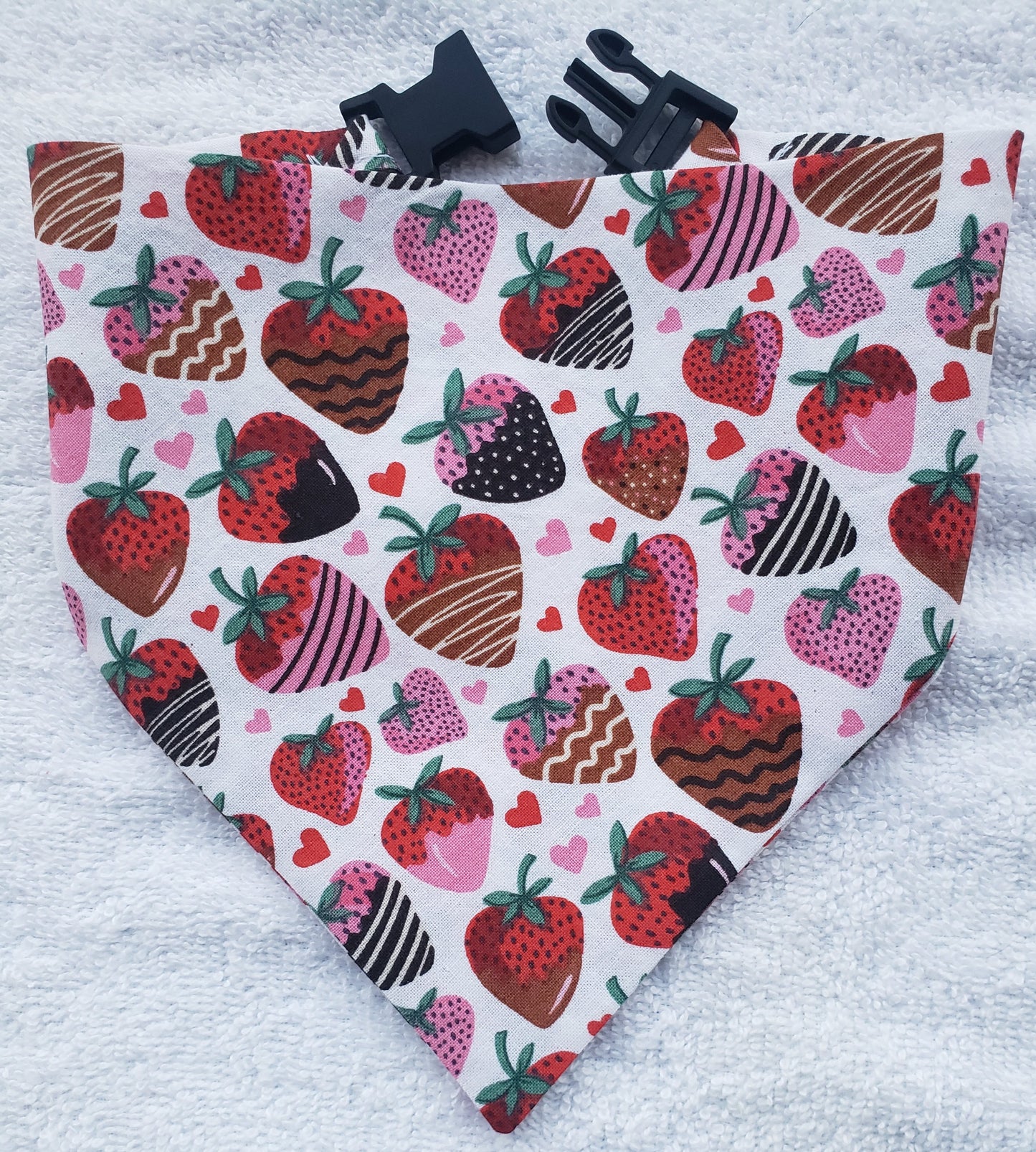 Clip on Dog Bandana With Buckle Pet Cat Bandanna Scarf Red Pink Chocolate Covered Strawberries Hearts Valentine's Day Love Handmade to Order