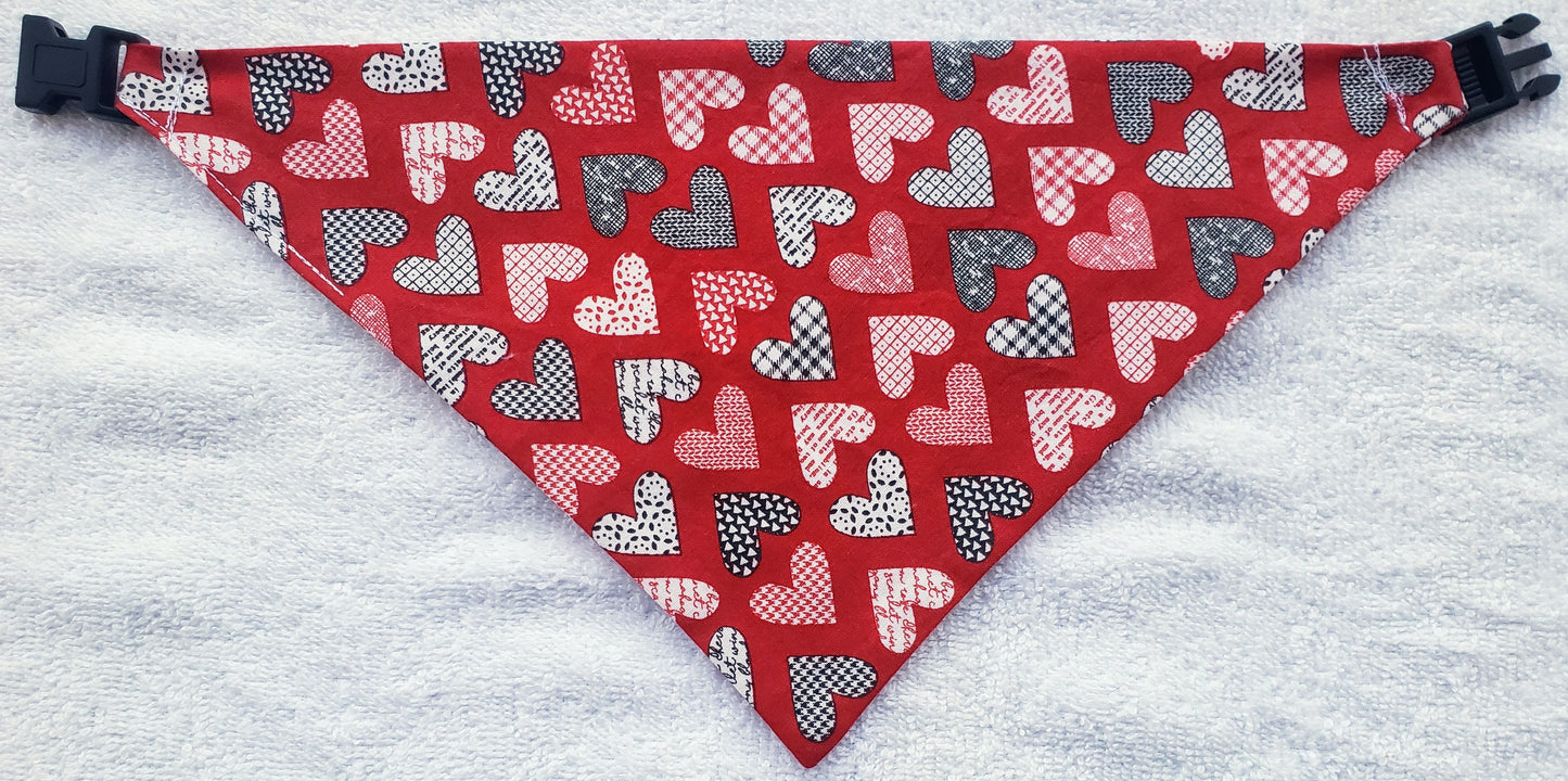 Red Hearts Valentine's Day Love Clip on Dog Bandana With Buckle Pet Cat Bandanna Handmade to Order