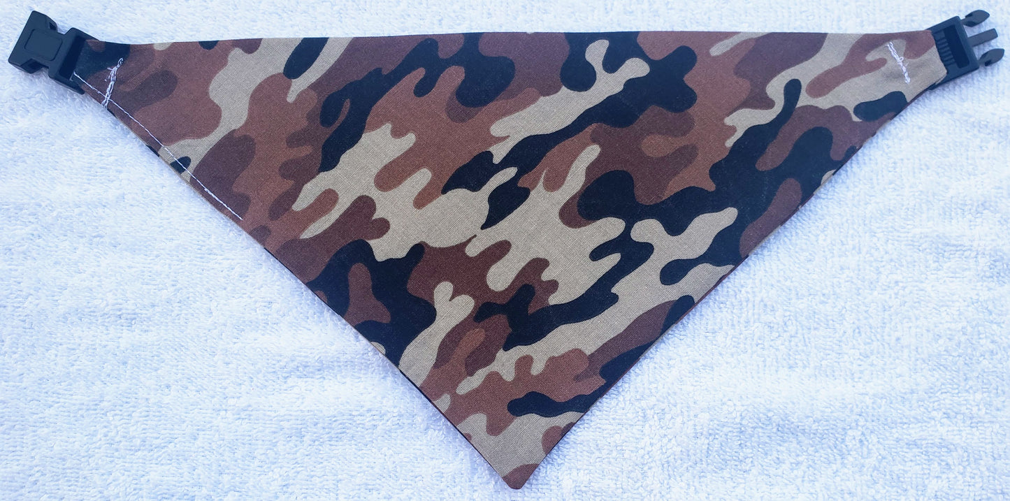 Clip on Dog Bandana With Buckle Pet Cat Bandanna Scarf Brown Tan Desert Camo Print Handmade to Order