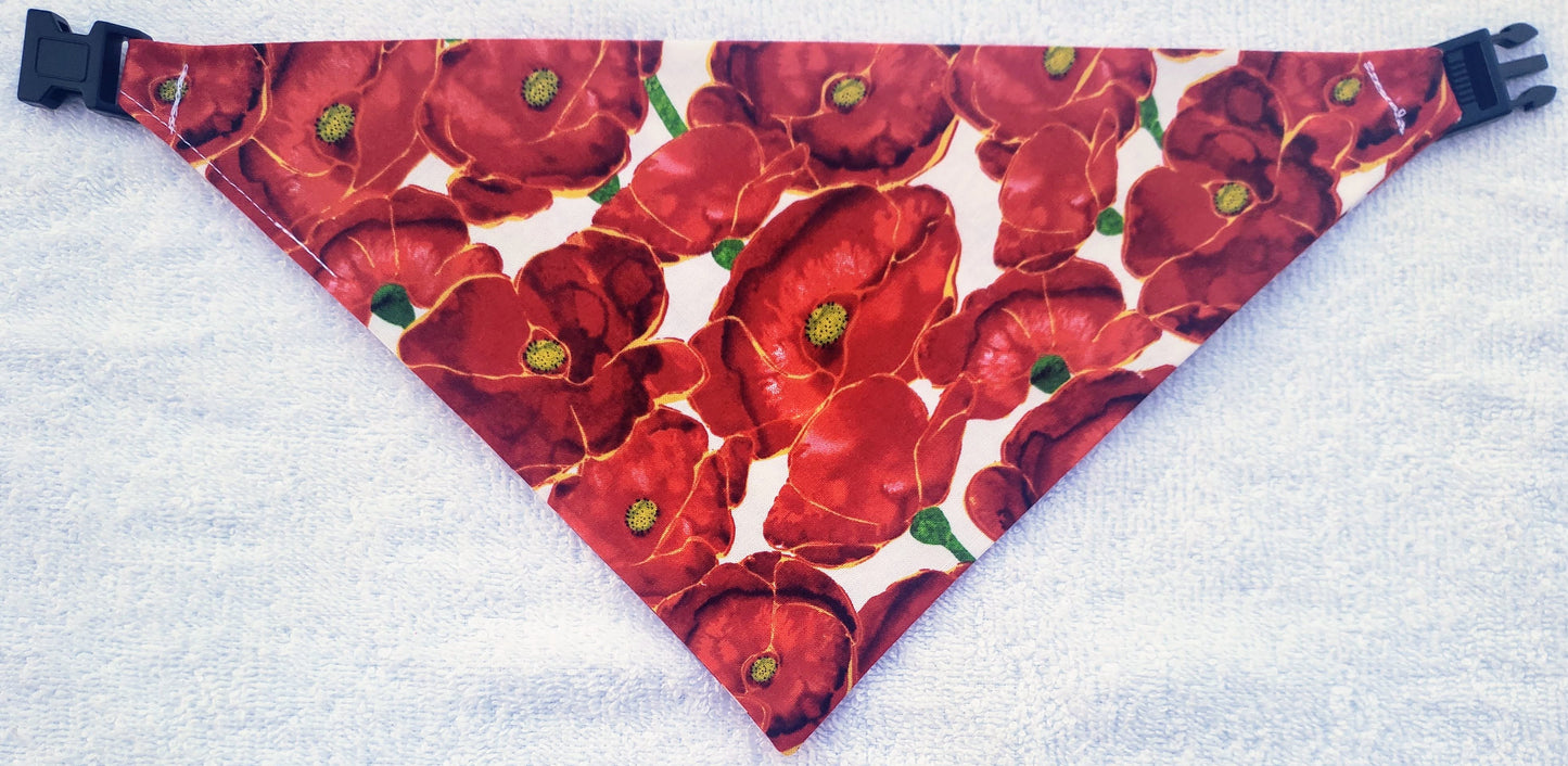 Clip on Dog Bandana With Buckle Pet Cat Bandanna Scarf Springtime Floral Red Poppies Print Handmade to Order