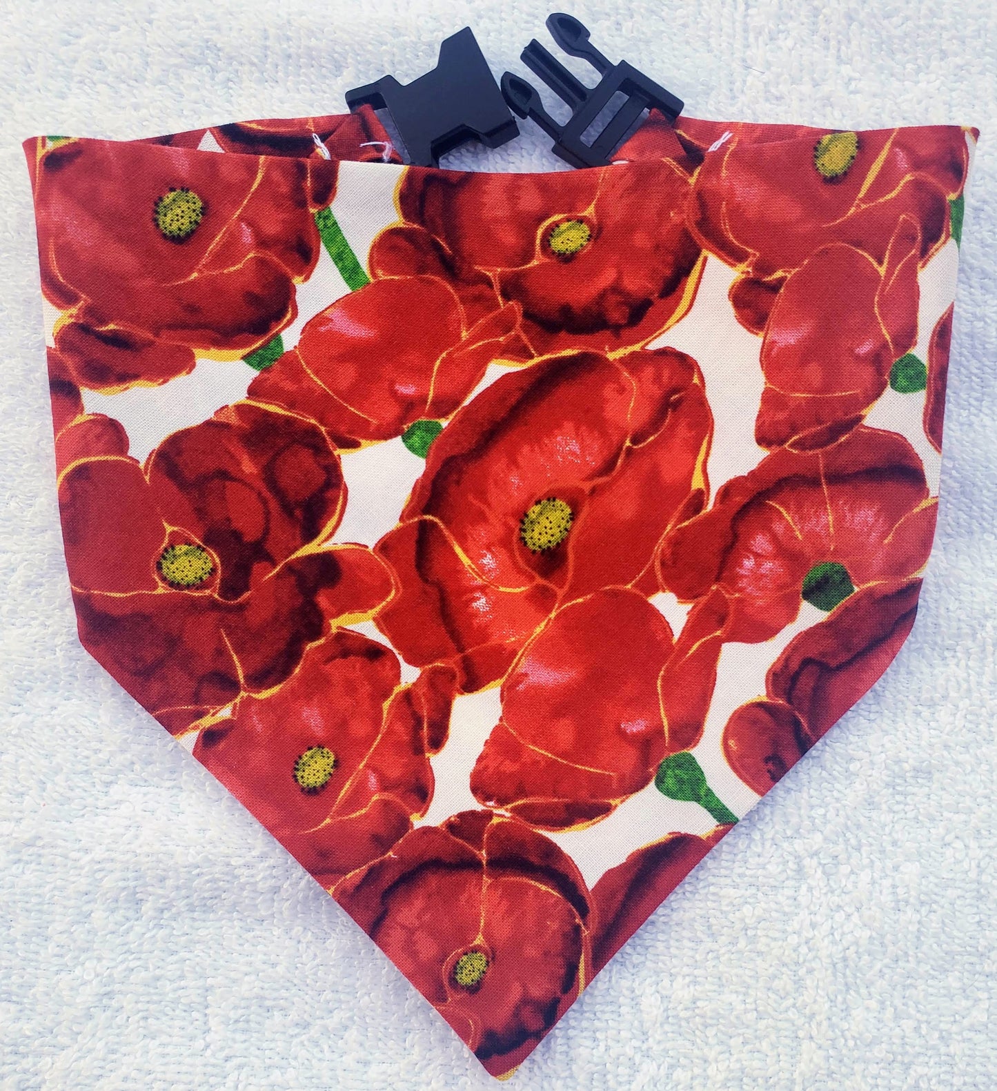 Clip on Dog Bandana With Buckle Pet Cat Bandanna Scarf Springtime Floral Red Poppies Print Handmade to Order