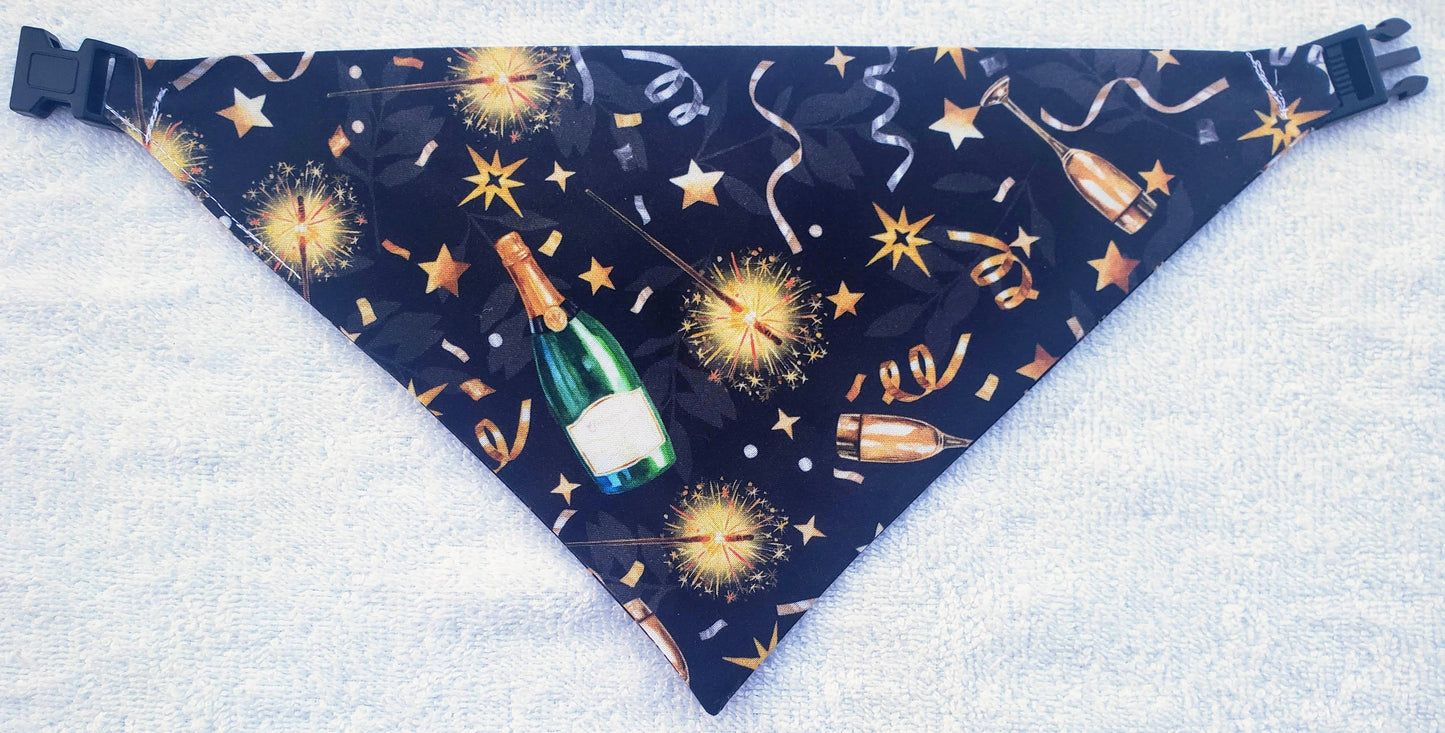Clip on Dog Bandana With Buckle Pet Cat Bandanna Scarf Happy New Year Celebrate Gold Champagne Celebrate Handmade to Order