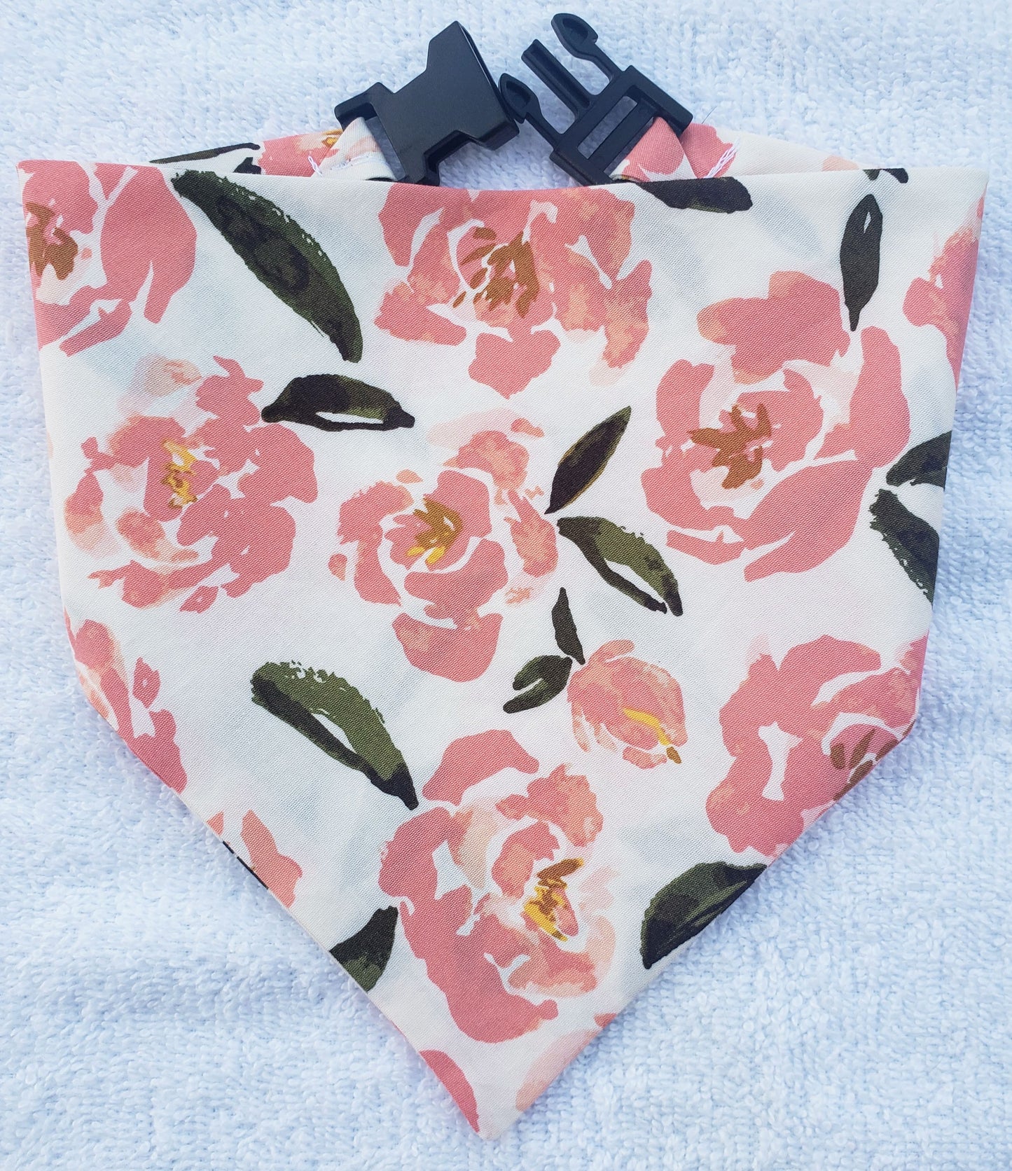 Clip on Dog Bandana With Buckle Pet Cat Bandanna Scarf Peach Roses Floral Flowers Print Handmade to Order