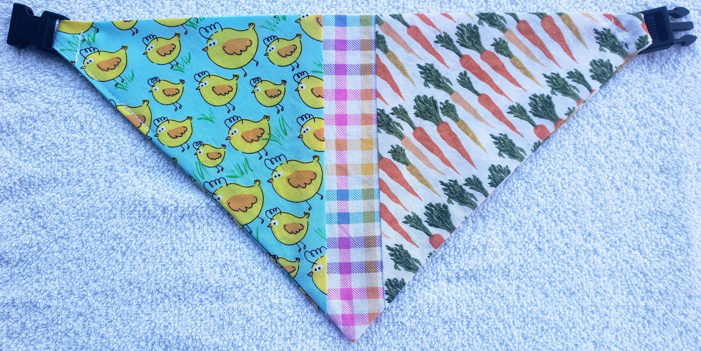 Clip on Dog Bandana With Buckle Pet Cat Bandanna Scarf Easter Chicks Carrots Exclusive Pieced Spring Handmade to Order