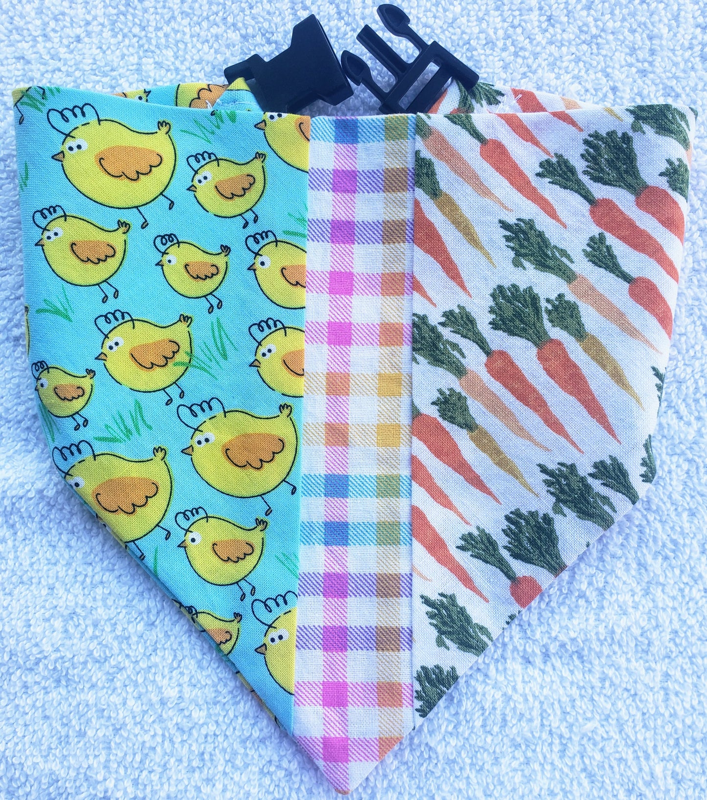 Clip on Dog Bandana With Buckle Pet Cat Bandanna Scarf Easter Chicks Carrots Exclusive Pieced Spring Handmade to Order