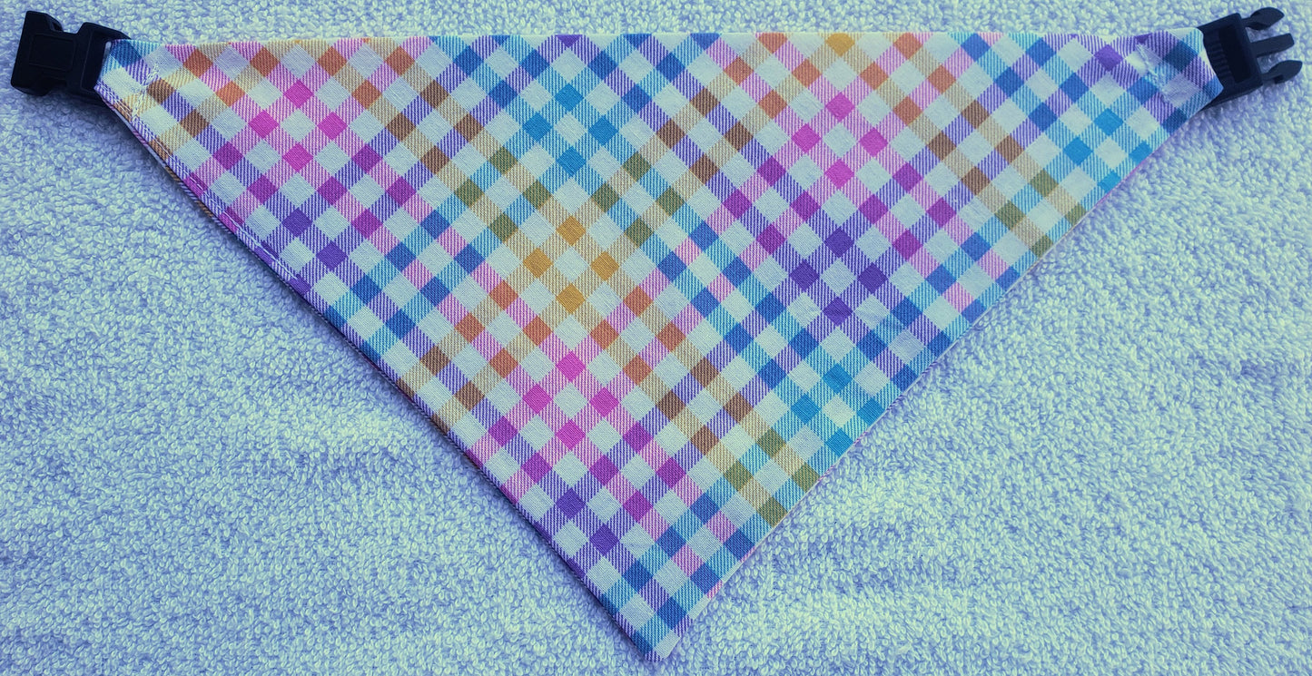 Clip on Dog Bandana With Buckle Pet Cat Bandanna Scarf Easter Pastel Rainbow Plaid Spring Handmade to Order