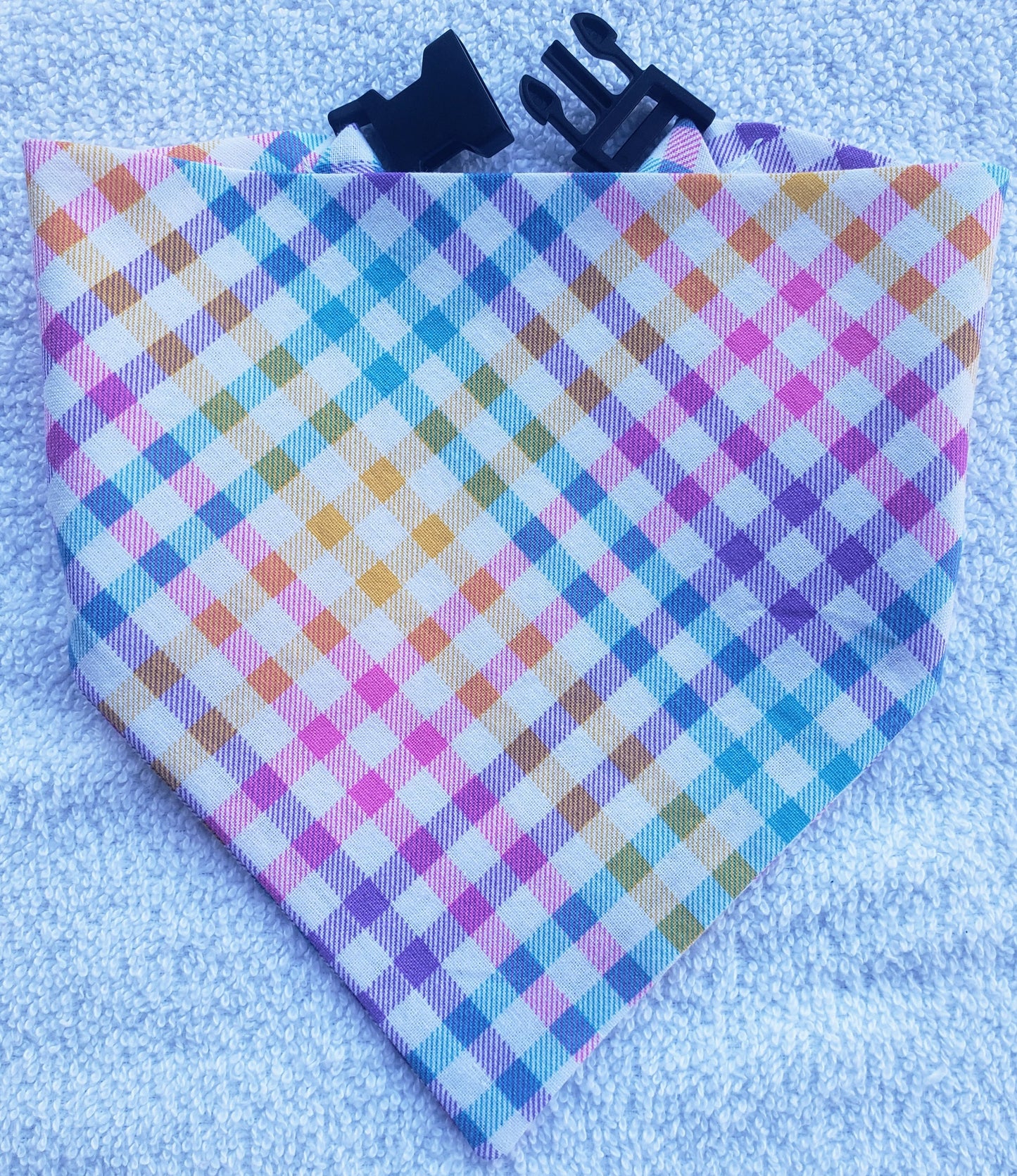 Clip on Dog Bandana With Buckle Pet Cat Bandanna Scarf Easter Pastel Rainbow Plaid Spring Handmade to Order
