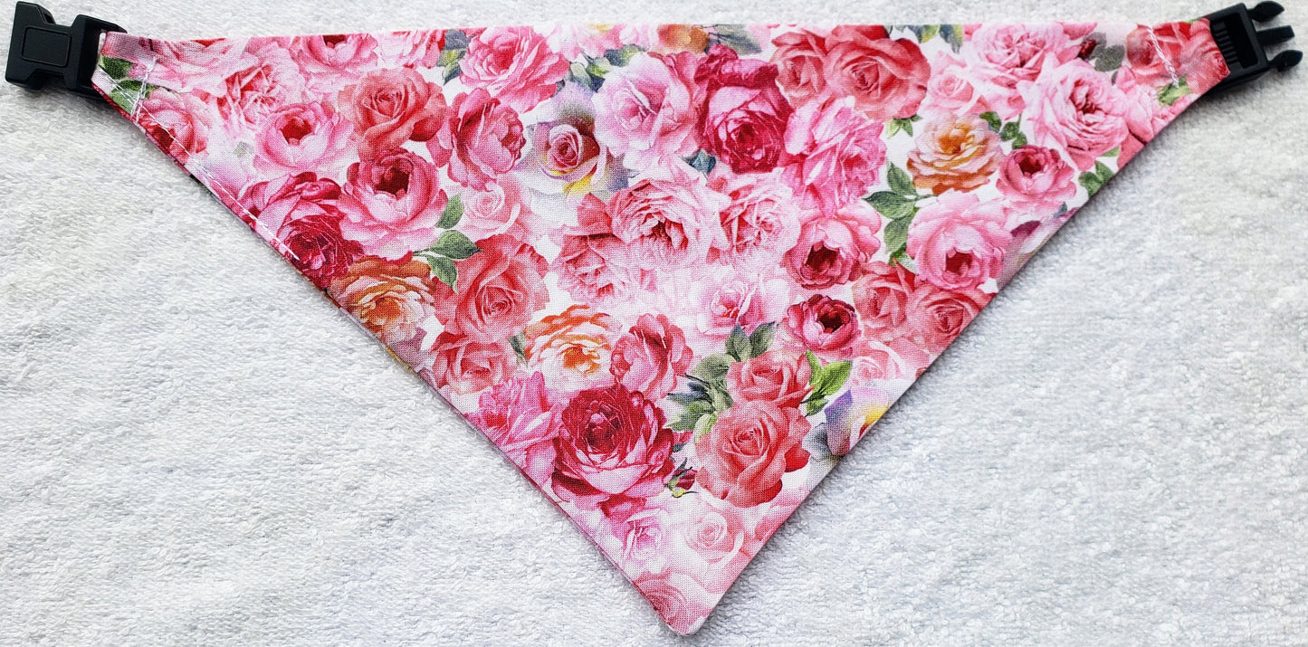 Clip on Dog Bandana With Buckle Pet Cat Bandanna Scarf Pink Roses Floral Flower Print Handmade to Order