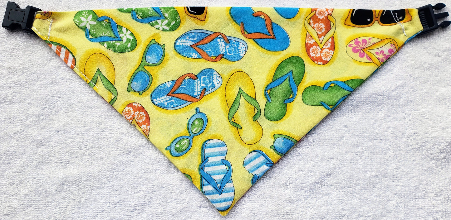 Clip on Dog Bandana With Buckle Pet Cat Bandanna Scarf Yellow Beach Sunglasses Flip Flops Summer Handmade to Order