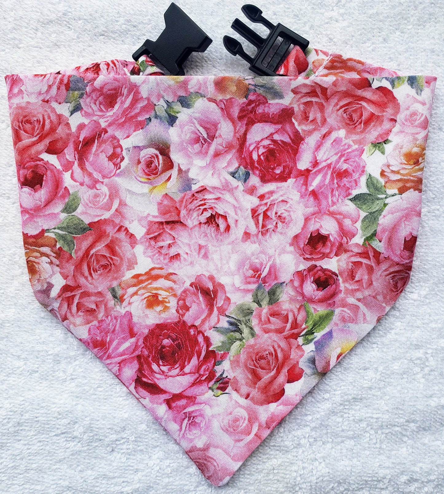 Clip on Dog Bandana With Buckle Pet Cat Bandanna Scarf Pink Roses Floral Flower Print Handmade to Order