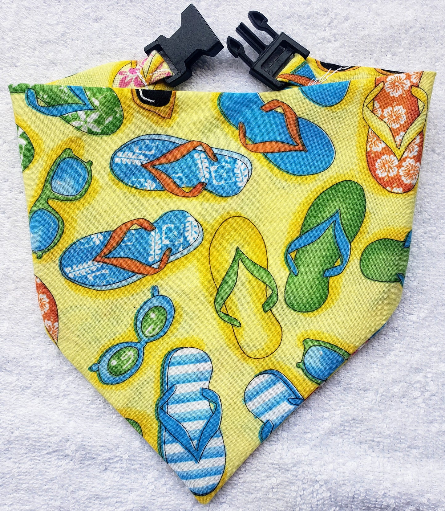 Clip on Dog Bandana With Buckle Pet Cat Bandanna Scarf Yellow Beach Sunglasses Flip Flops Summer Handmade to Order