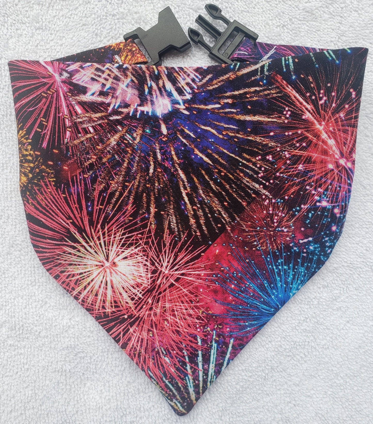 Clip on Dog Bandana With Buckle Pet Cat Bandanna Scarf Fireworks Rainbow Multicolor USA 4th of July Independence Day Handmade to Order