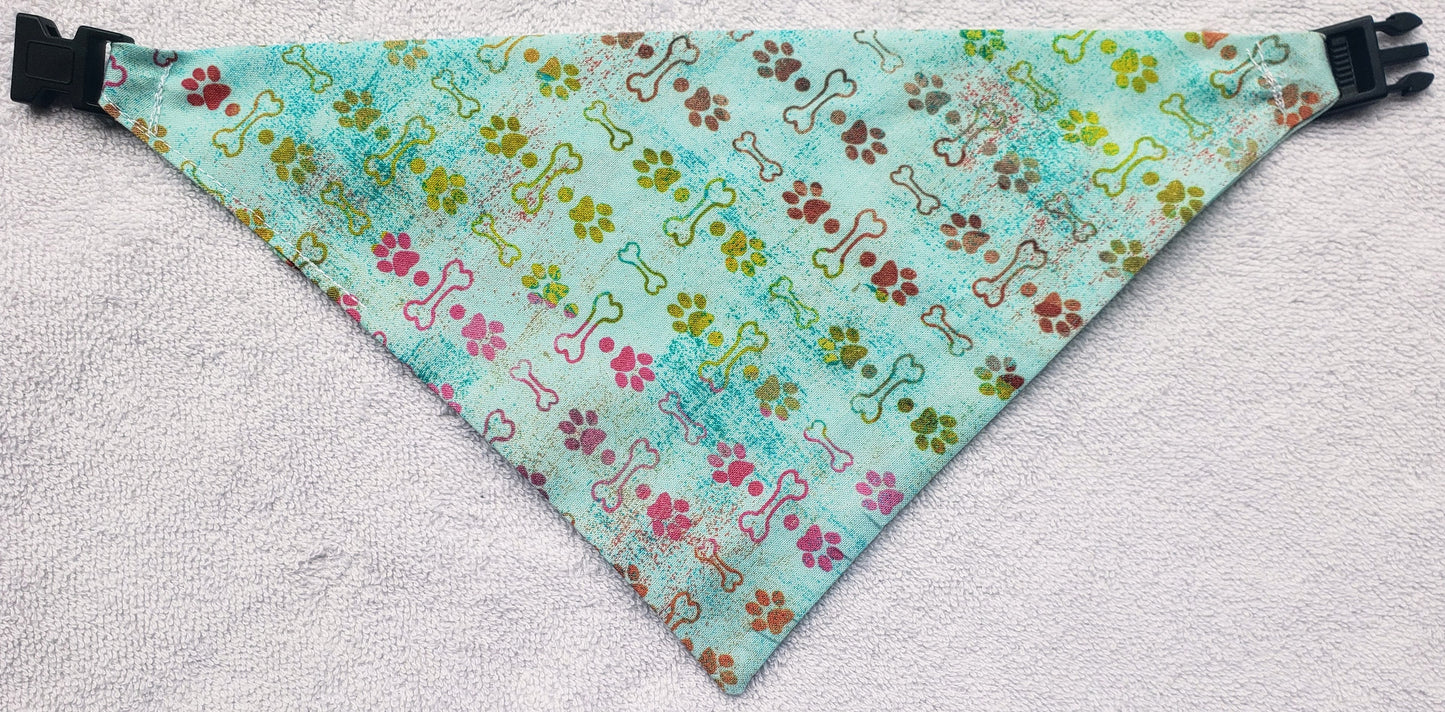 Clip on Dog Bandana With Buckle Pet Cat Bandanna Teal Rainbow Paws & Bones Handmade to Order