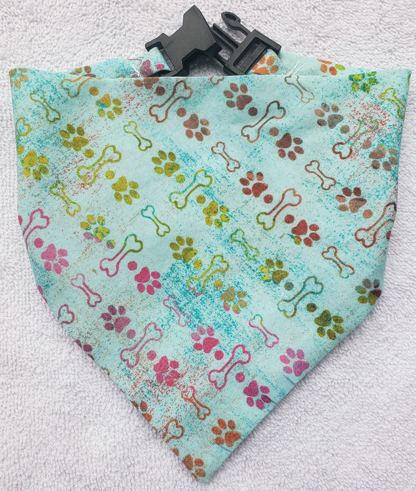 Clip on Dog Bandana With Buckle Pet Cat Bandanna Teal Rainbow Paws & Bones Handmade to Order