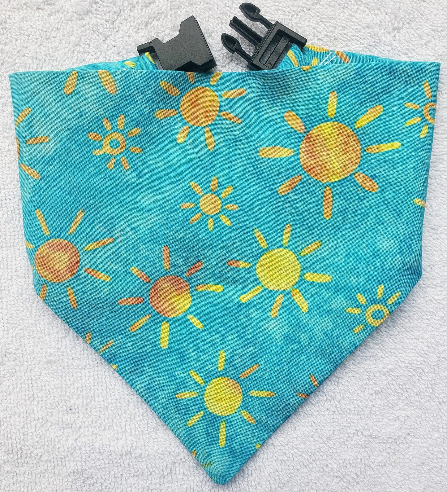 Clip on Dog Bandana With Buckle Pet Cat Bandanna Scarf Blue Skies Yellow Sun Suns Sunshine Batik Handmade to Order