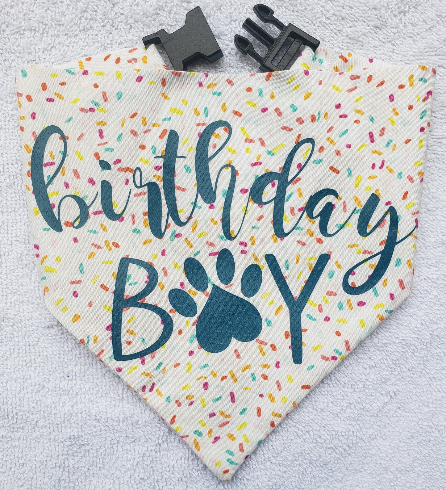 Clip on Dog Bandana With Buckle Pet Cat Bandanna Scarf Blue Happy Birthday Boy Surprise Handmade to Order