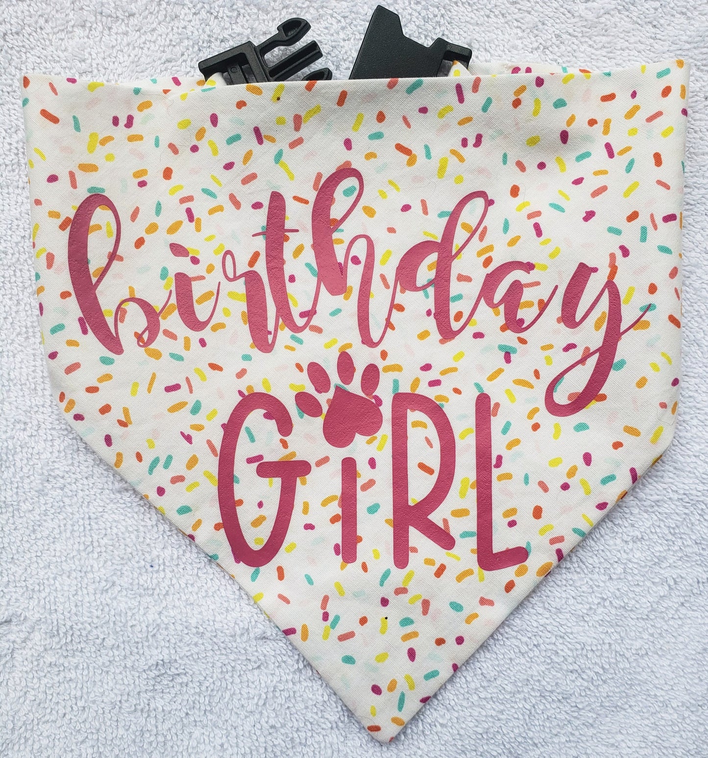 Clip on Dog Bandana With Buckle Pet Cat Bandanna Scarf Pink Happy Birthday Girl Surprise Handmade to Order