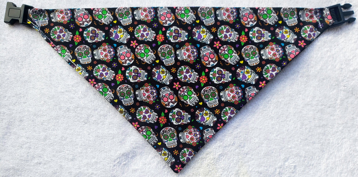 Sugar Skulls Dia de los Muertos Clip on Dog Bandana With Buckle Pet Cat Bandanna Handmade to Order