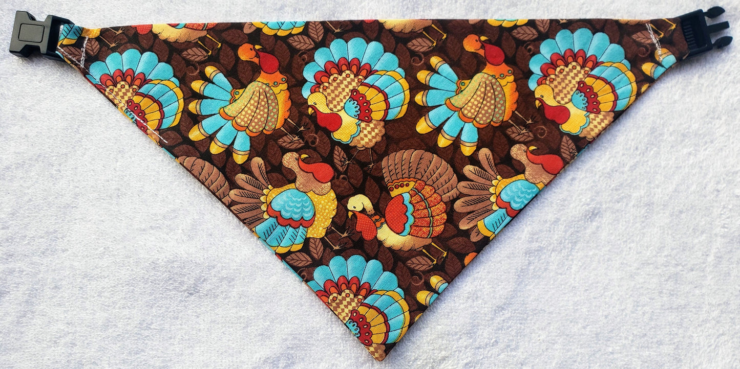 Thanksgiving Turkeys Fall Autumn Harvest Clip on Dog Bandana With Buckle Pet Cat Bandanna Handmade to Order