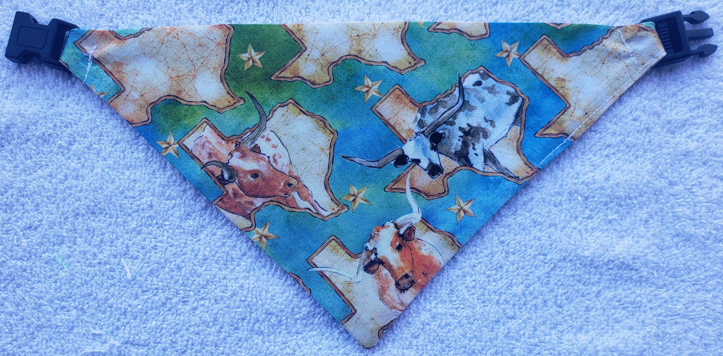 Clip on Dog Bandana With Buckle Pet Cat Bandanna Texas Longorn Maps Texan State Pride Handmade to Order