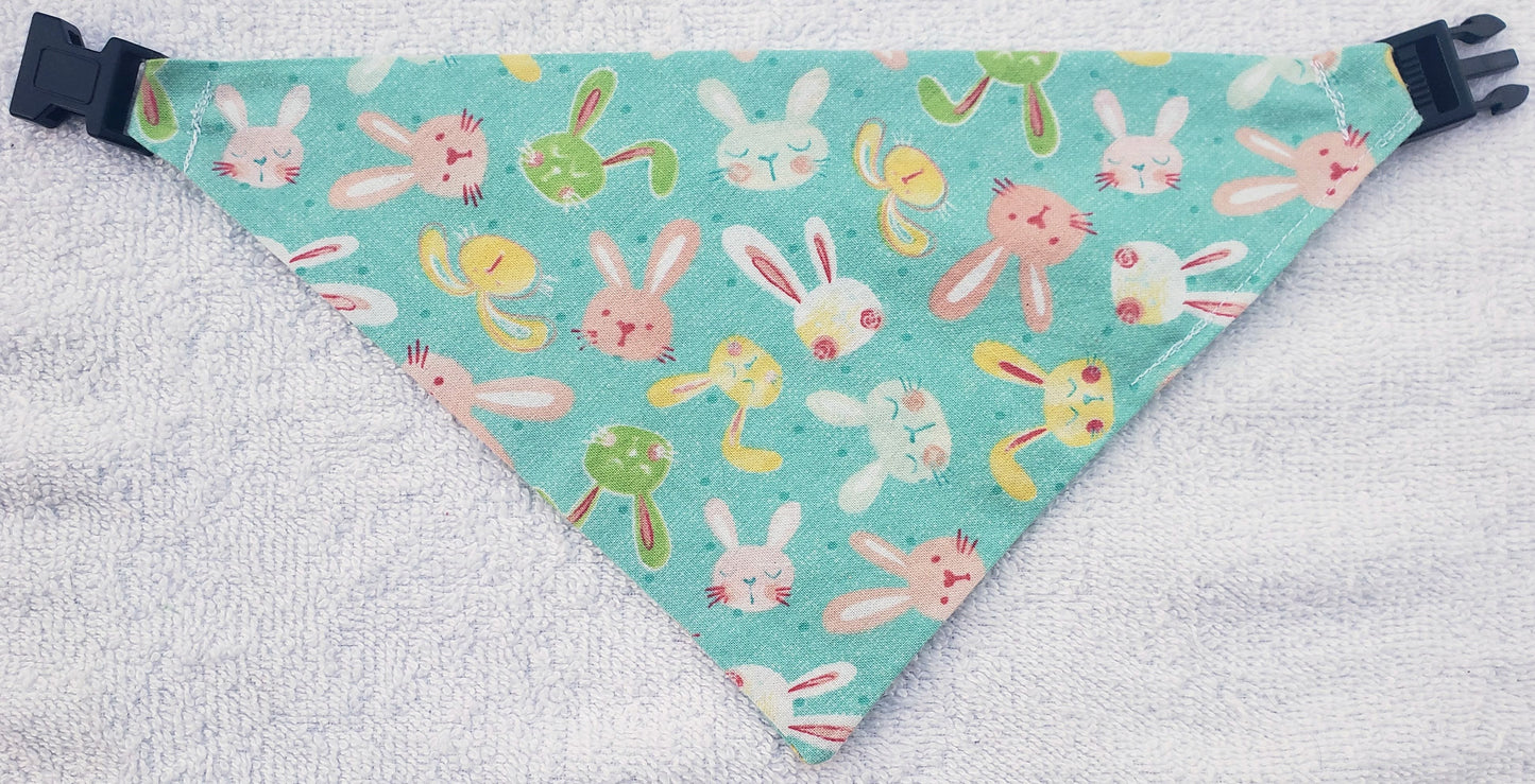 Clip on Dog Bandana With Buckle Pet Cat Bandanna Scarf Easter Bunnies Rabbits Faces Pastels Spring Handmade to Order