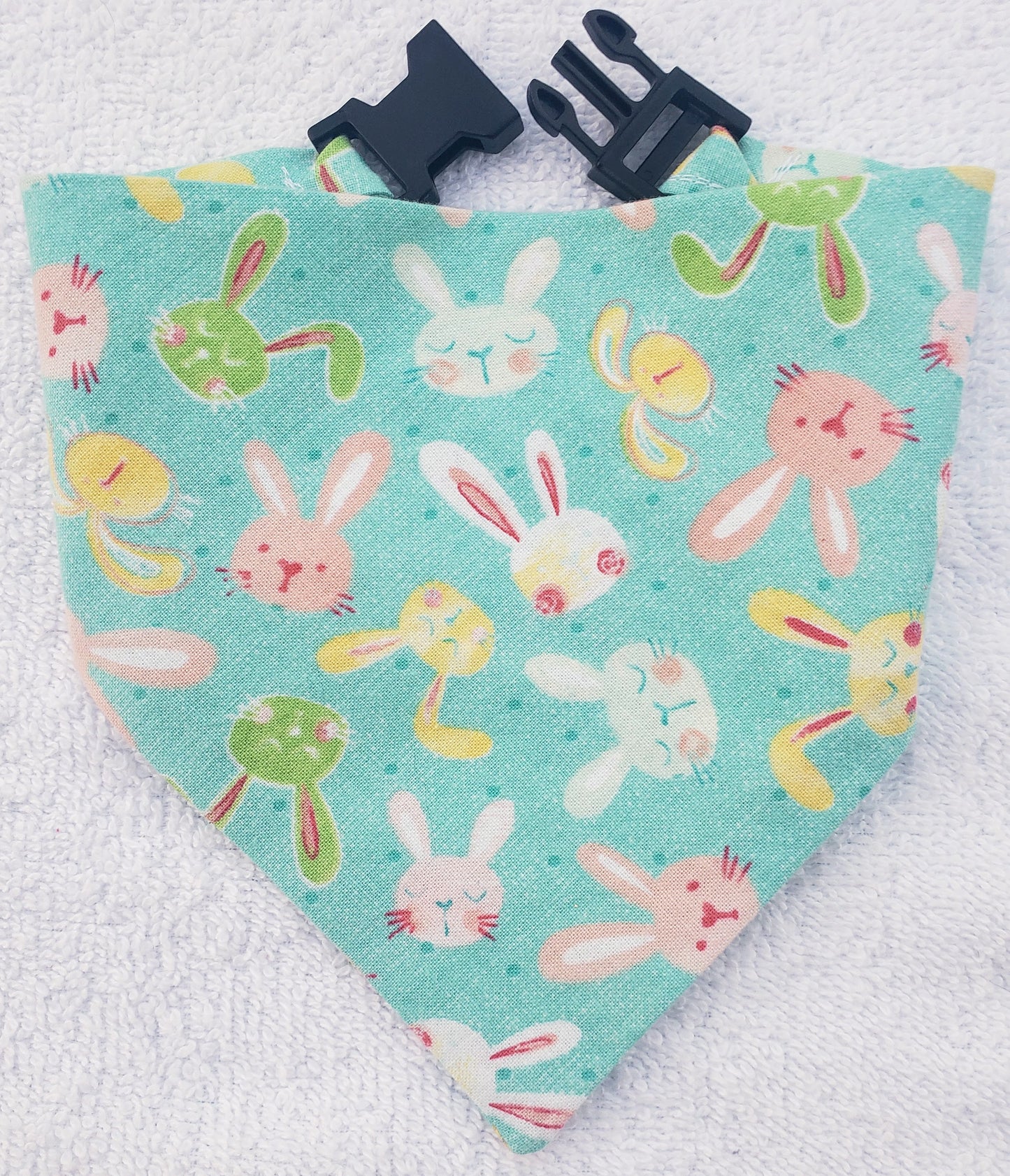 Clip on Dog Bandana With Buckle Pet Cat Bandanna Scarf Easter Bunnies Rabbits Faces Pastels Spring Handmade to Order