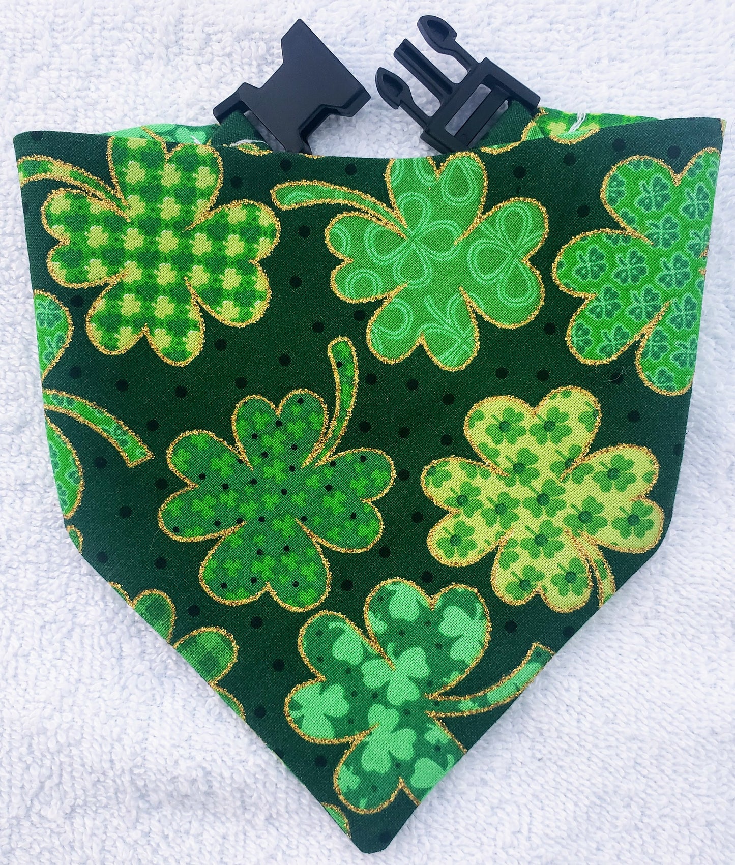 Lucky Shamrocks St. Patrick's Day Gold Bling Clip on Dog Bandana With Buckle Pet Cat Bandanna Handmade to Order