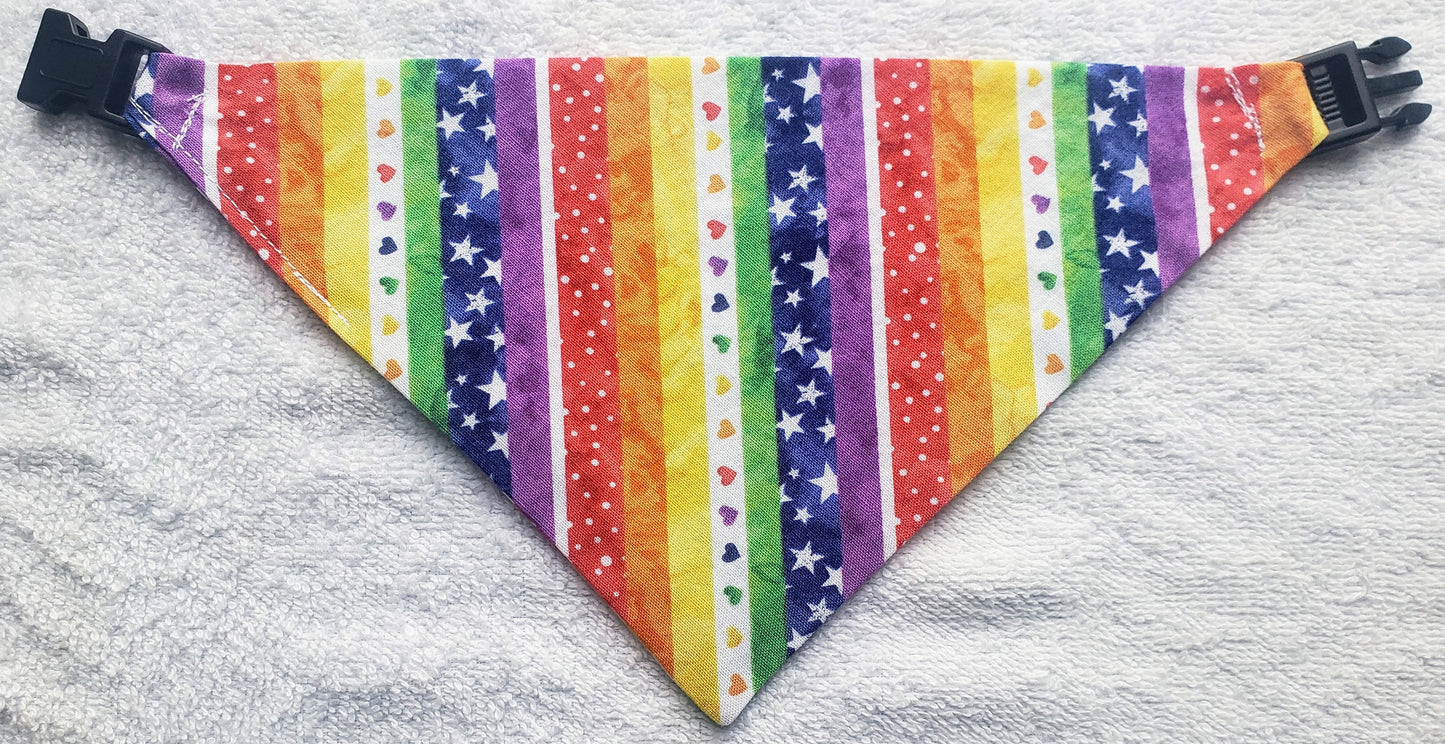 Clip on Dog Bandana With Buckle Pet Cat Bandanna Rainbow Stars & Hearts PRIDE Stripes Multicolor Handmade to Order