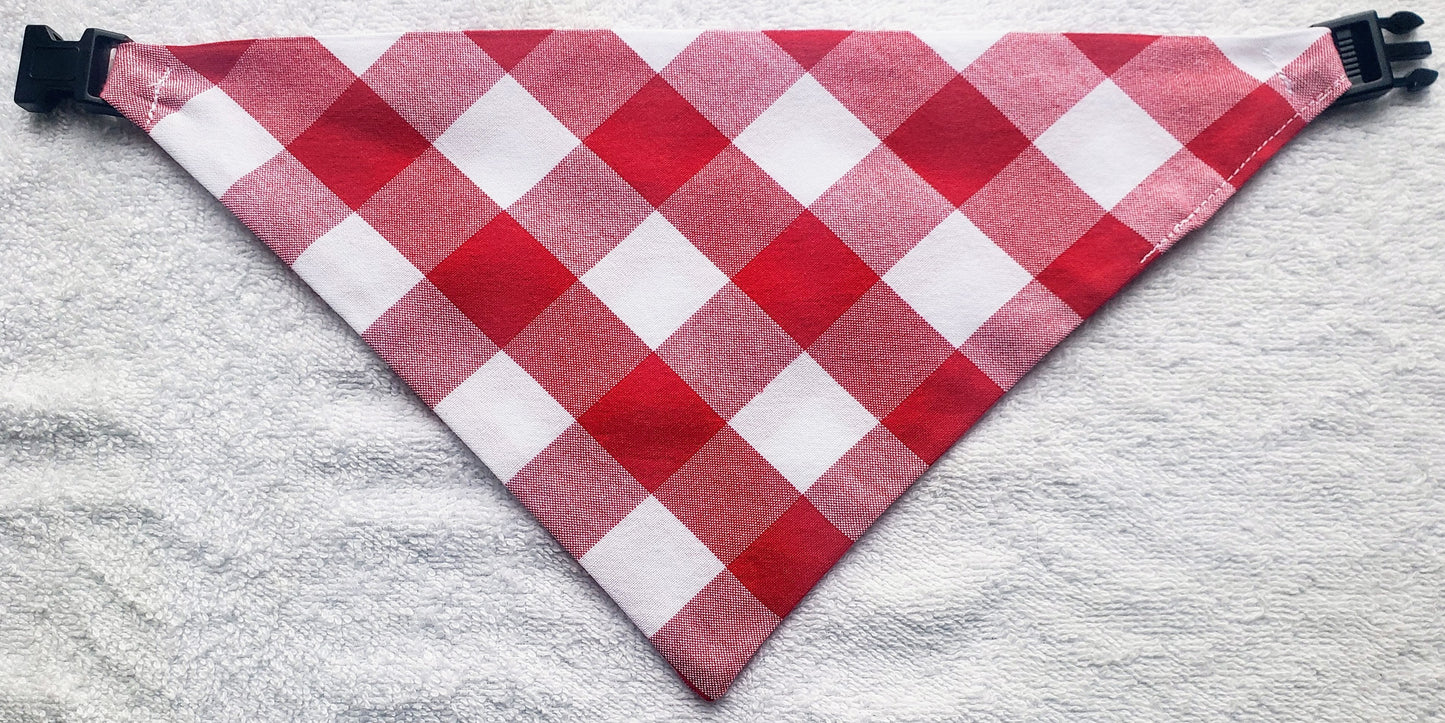 Clip on Dog Bandana With Buckle Pet Cat Bandanna Large One Inch Red Buffalo Plaid Check Handmade to Order