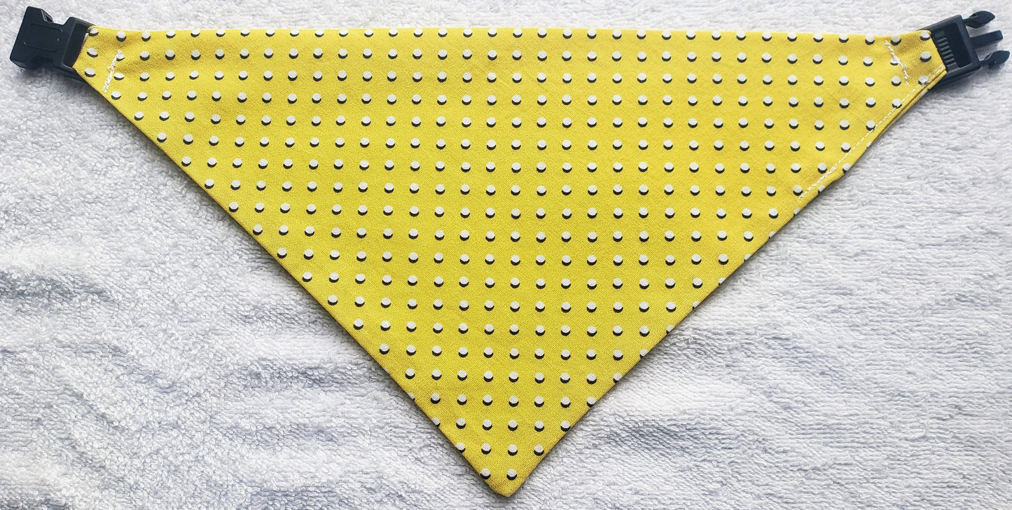 Clip on Dog Bandana With Buckle Pet Cat Bandanna Yellow & White 3D Dots Handmade to Order