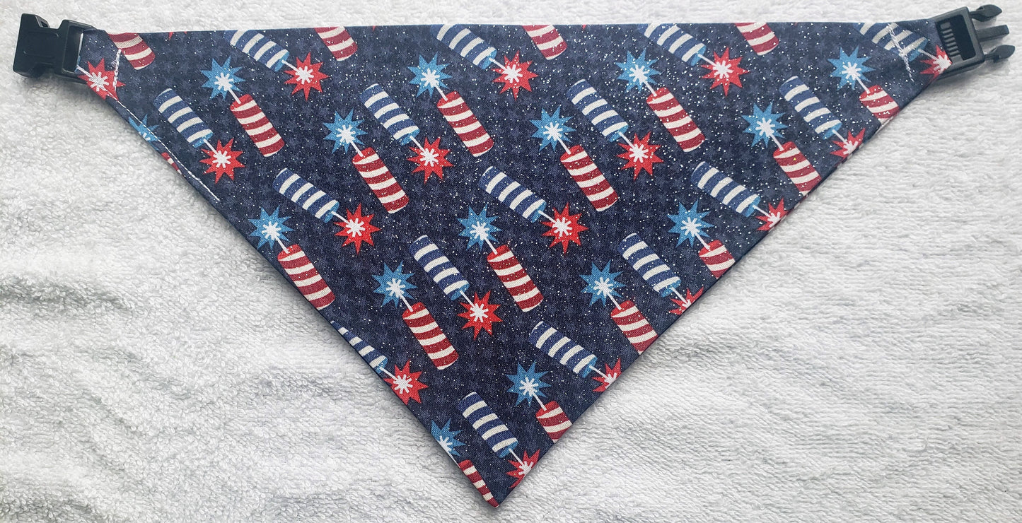 Firecrackers Fireworks Patriotic Independence Day 4th of July American USA Americana Clip on Dog Bandana With Buckle Pet Cat Bandanna Handmade to Order