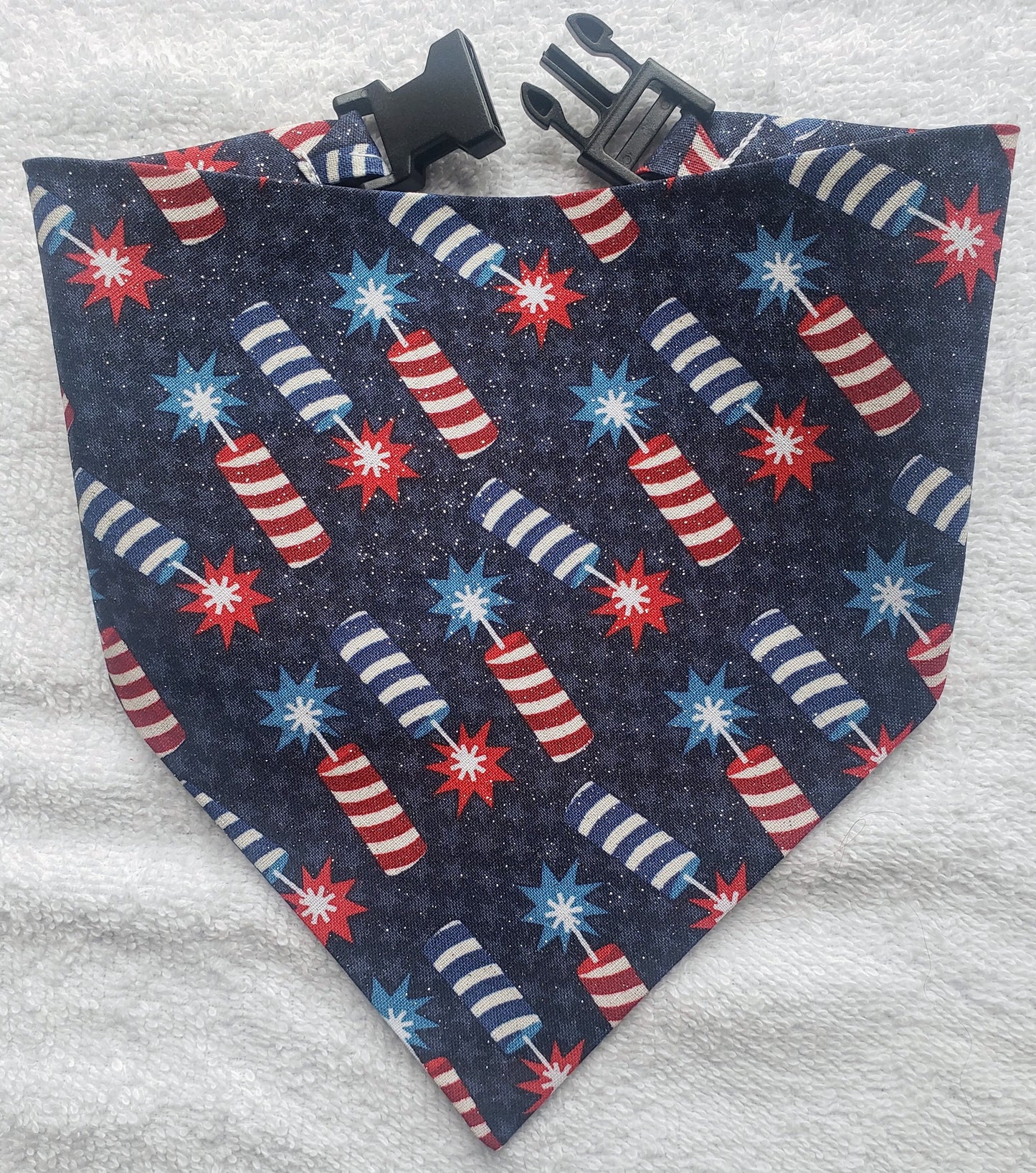 Firecrackers Fireworks Patriotic Independence Day 4th of July American USA Americana Clip on Dog Bandana With Buckle Pet Cat Bandanna Handmade to Order