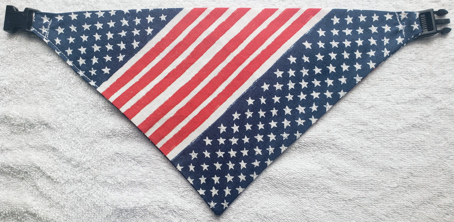 Stars & Stripes American Red White Blue Flag Patriotic USA Americana Clip on Dog Bandana With Buckle Pet Cat Bandanna Handmade to Order